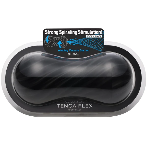 Tenga Flex Rocky reusable suction masturbator in black.