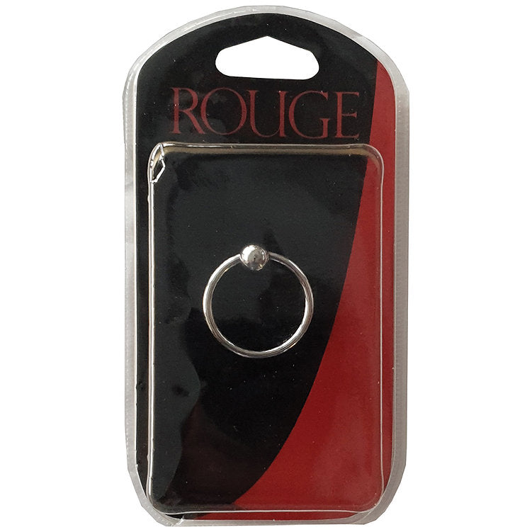 A stainless steel cock ring with a pressure point ball, packaged in a blister pack.