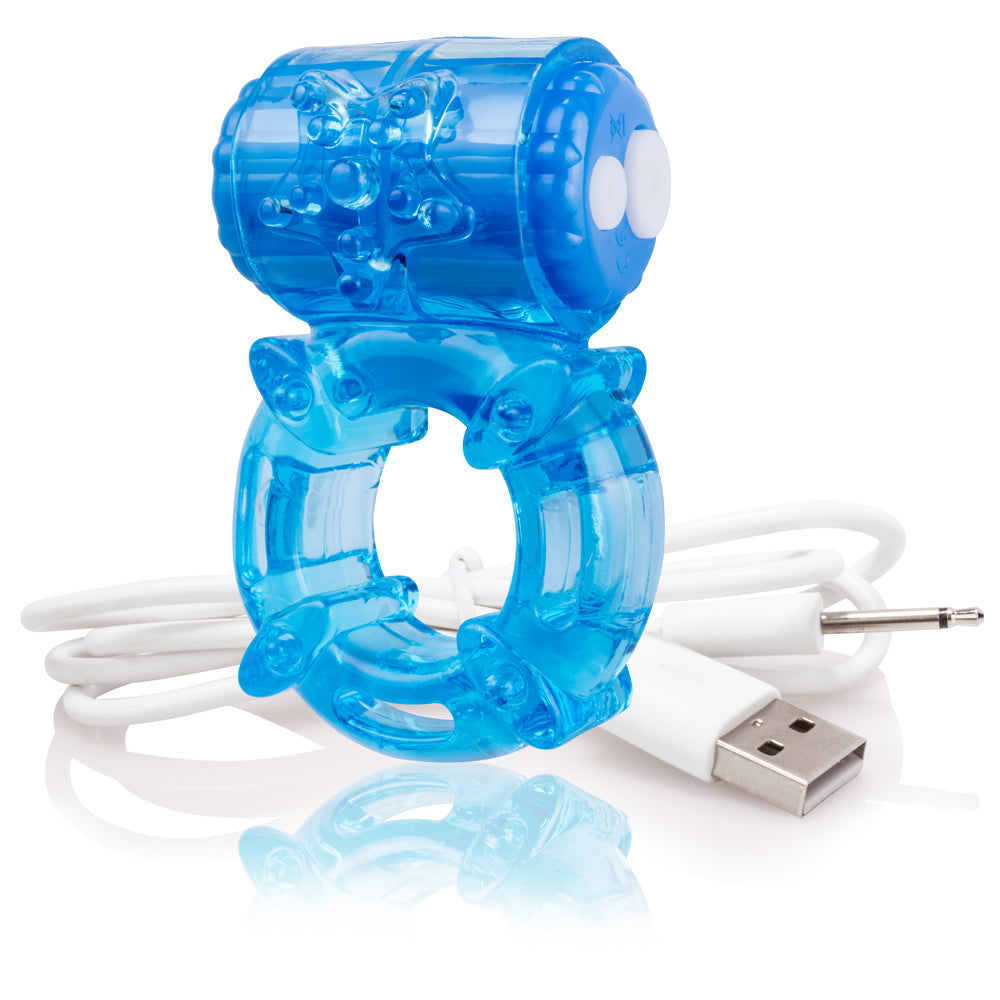 Blue rechargeable vibrating cock ring with USB charging cable.