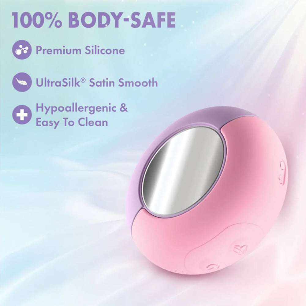 A pink and purple dual-ended vibrator made of premium silicone.