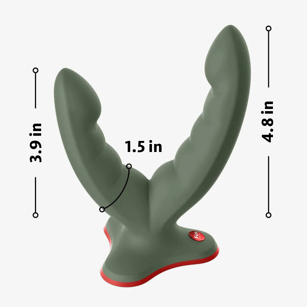 A grey ridged straddle toy with red accents and measurement indicators.
