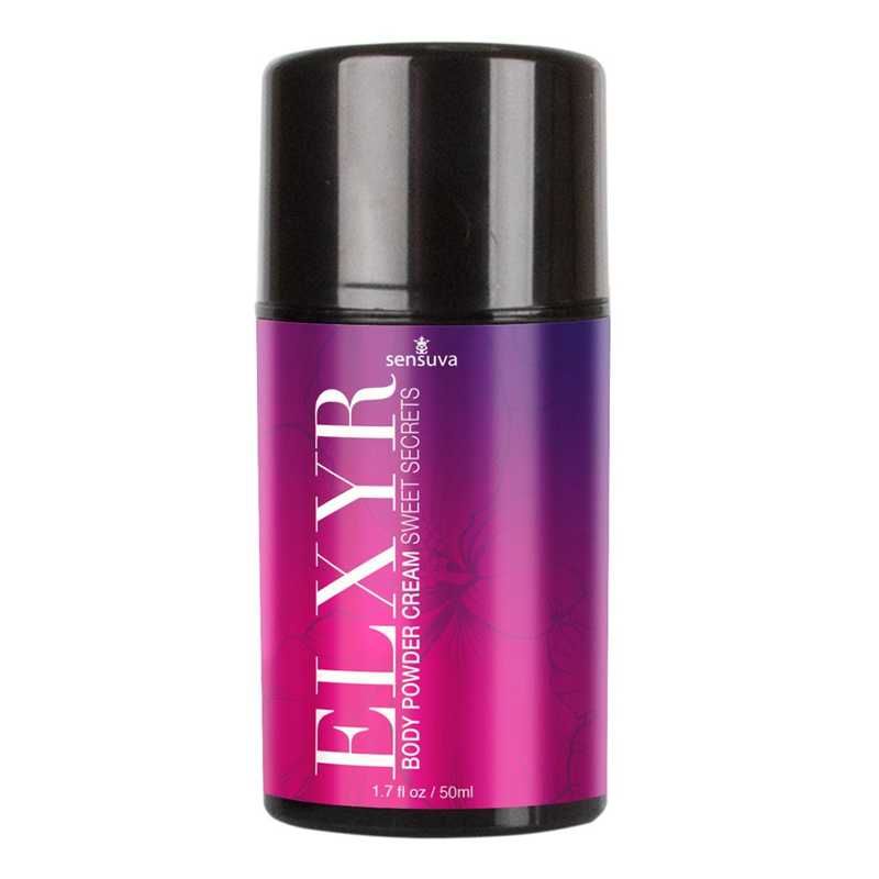 Sensuva Body Powder Cream in a purple and pink gradient bottle with floral accents.