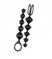 Two black silicone anal beads with a ring and loop.