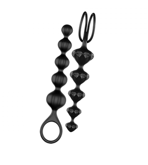 Two black silicone anal beads with a ring and loop.