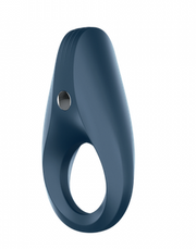 A dark blue vibrating cock ring made of silicone with a silver button.