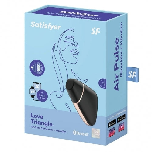 Satisfyer Love Triangle clitoral vibrator in black on a light blue box.