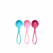 Three silicone v balls in blue, pink, and red with retrieval strings.