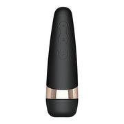 Black Satisfyer Pro 3+ clitoral vibrator with rose gold band and three buttons.