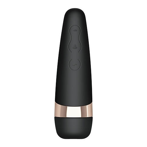 Black Satisfyer Pro 3+ clitoral vibrator with rose gold band and three buttons.