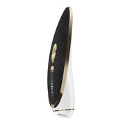 A black leather vibrator with gold trim and white accents.