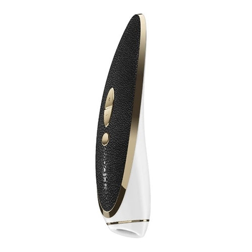 A black leather vibrator with gold trim and white accents.
