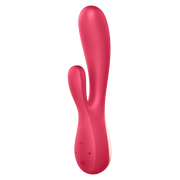 Red rabbit vibrator with dual stimulators and control buttons.