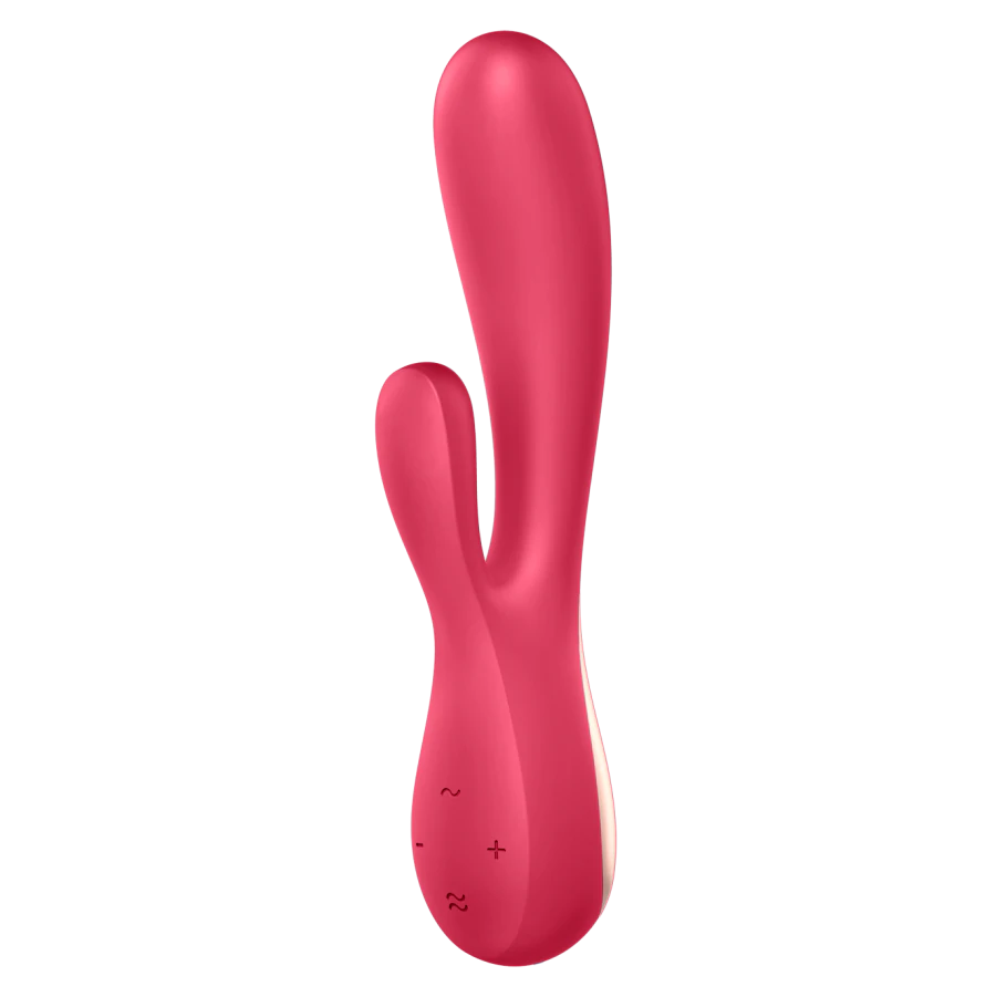 Red rabbit vibrator with dual stimulators and control buttons.