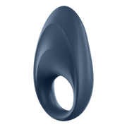 Blue vibrating cock ring with a smooth, curved design.