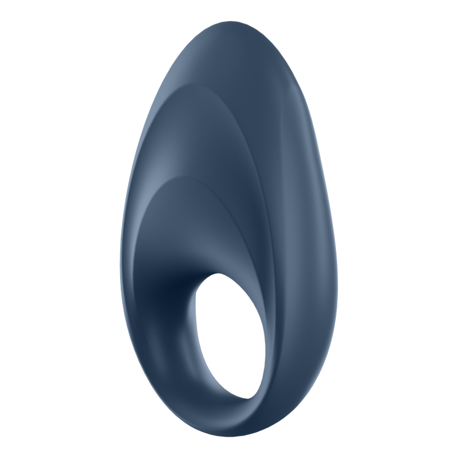 Blue vibrating cock ring with a smooth, curved design.