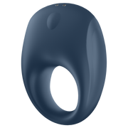 Blue app-controlled vibrating silicone cock ring with two small buttons on top.