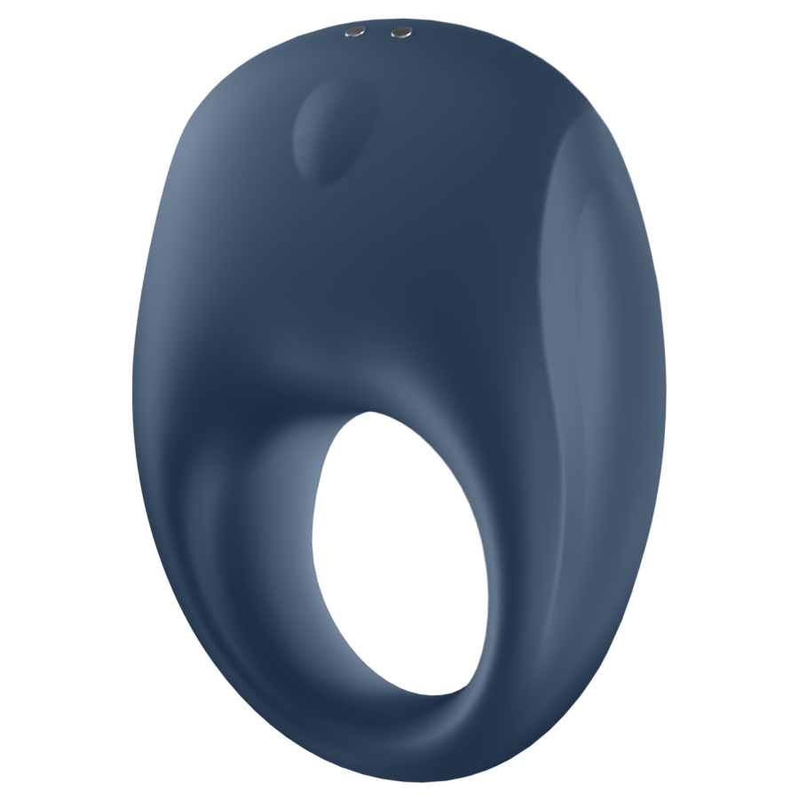Blue app-controlled vibrating silicone cock ring with two small buttons on top.