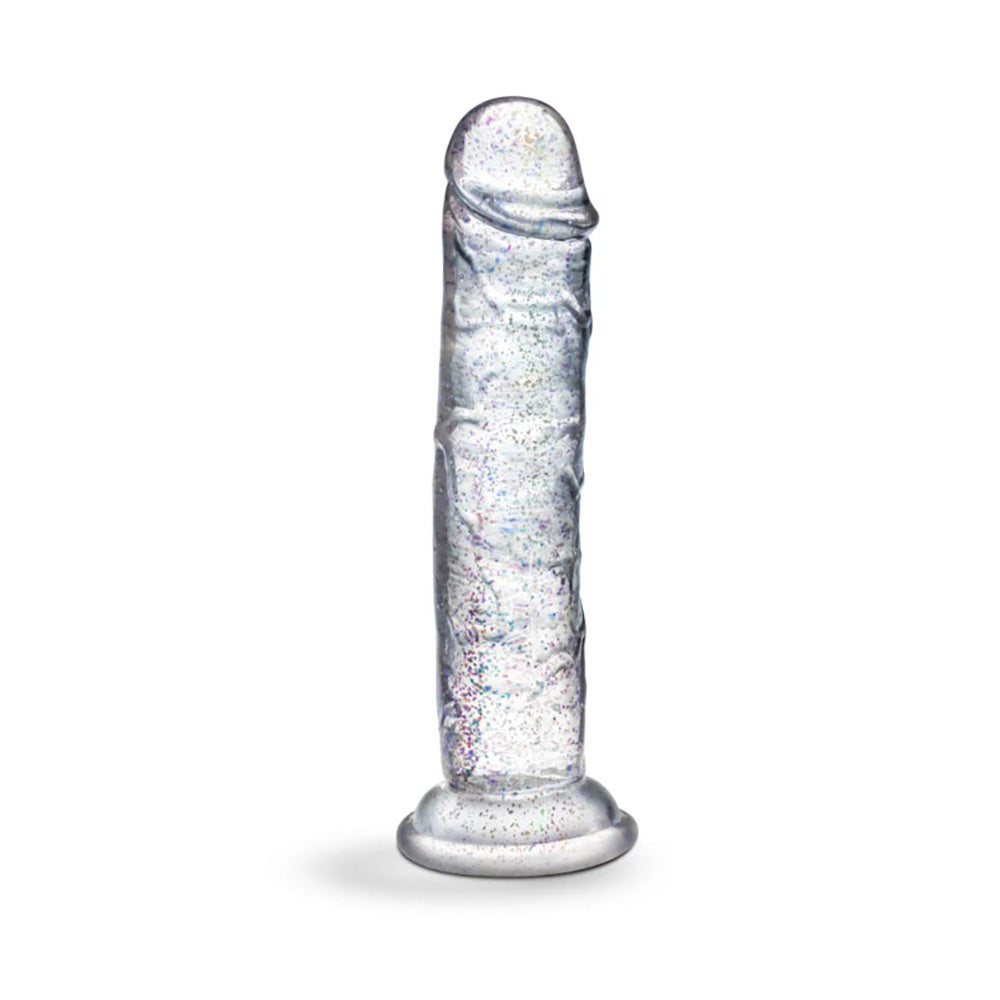 Clear sparkling flexible dildo with glitter and suction cup base.