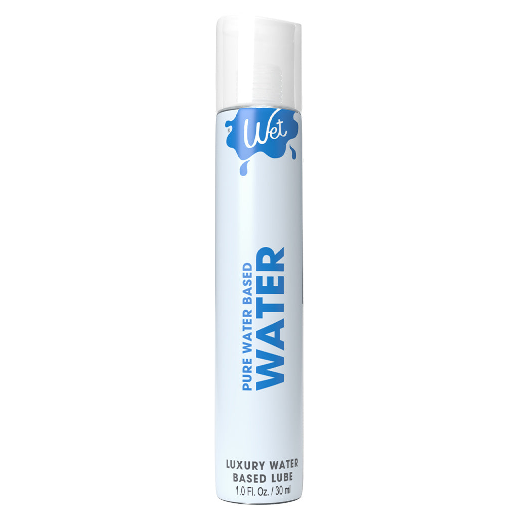 A white bottle of Wet water-based personal lubricant with blue text.