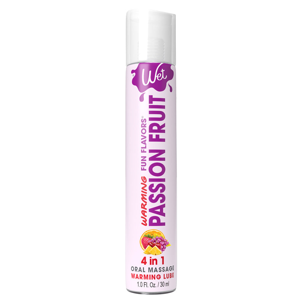 Wet Passion Fruit Warming Lubricant bottle with fruit imagery.