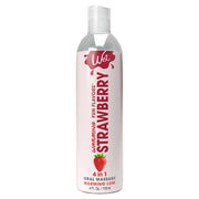 Wet Strawberry Warming Lubricant in a clear bottle with a red strawberry graphic.