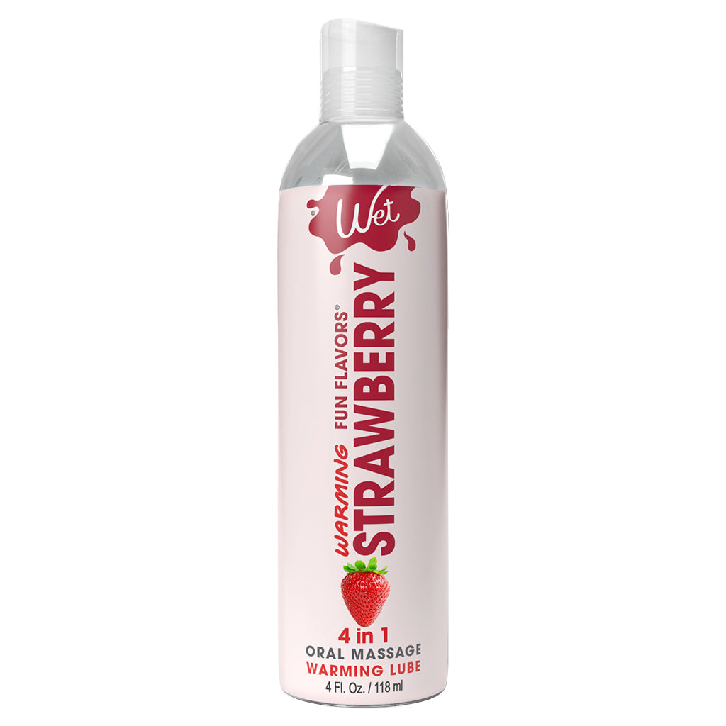 Wet Strawberry Warming Lubricant in a clear bottle with a red strawberry graphic.