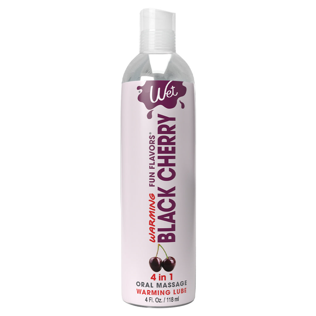 A bottle of Wet Black Cherry warming lubricant with cherries.