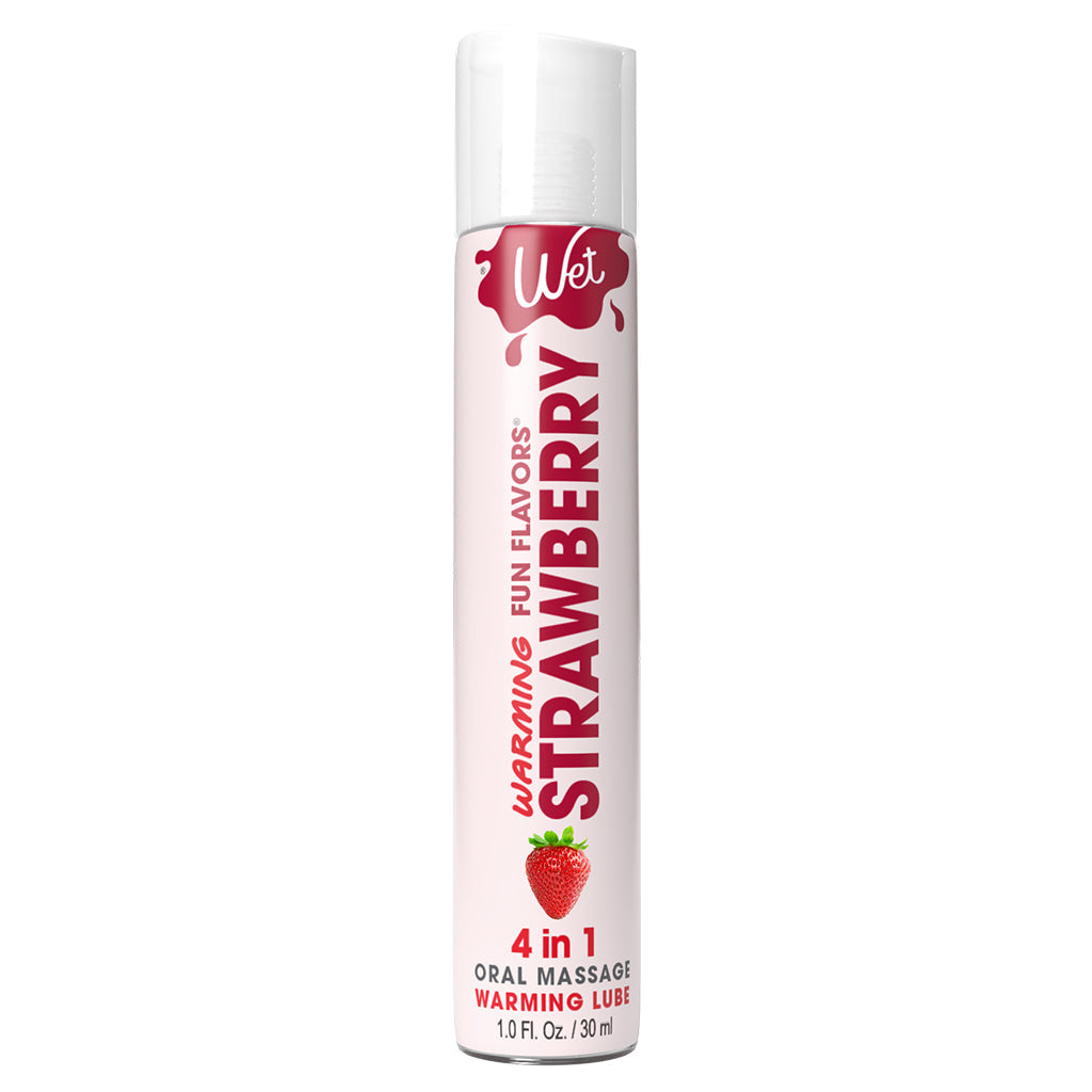 Strawberry warming flavored lubricant with a strawberry image.