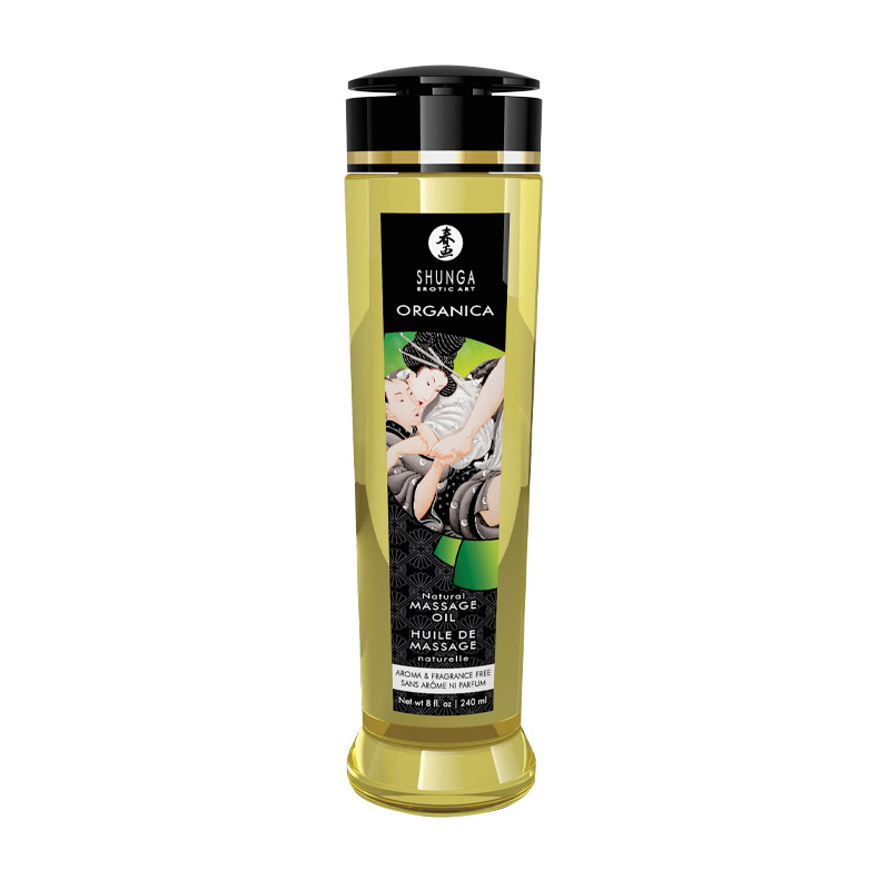 Shunga Organica Natural Massage Oil in a clear bottle with a black cap and label featuring artwork.