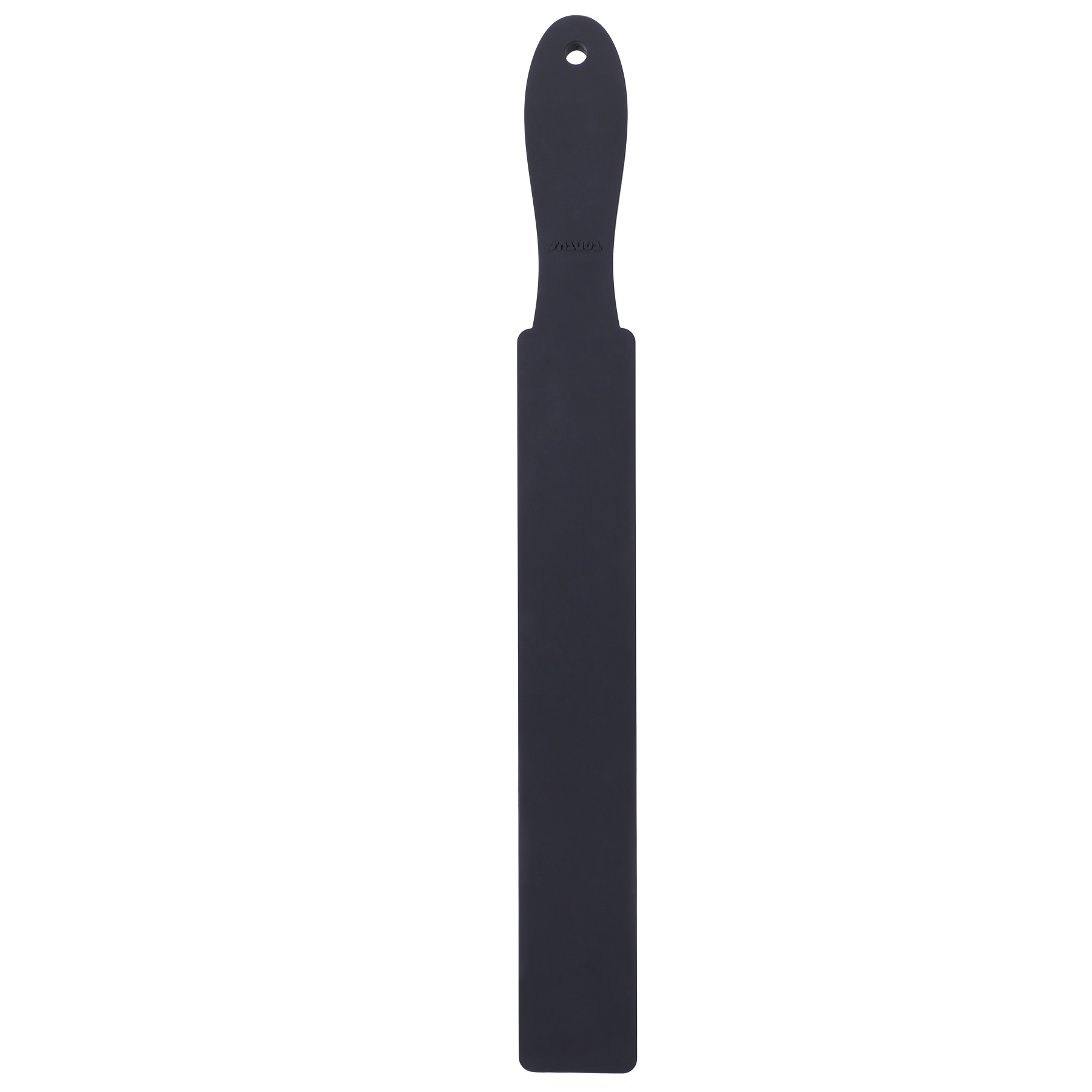 Black silicone flogger and impact belt with a hole at the top.