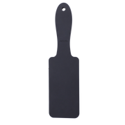 A black silicone paddle with a hole at the top and embossed text.