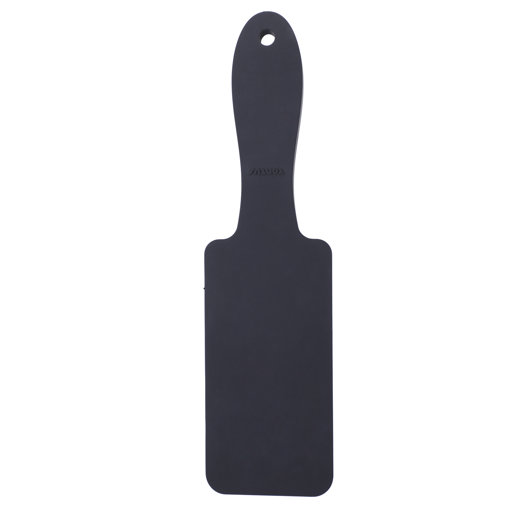 A black silicone paddle with a hole at the top and embossed text.