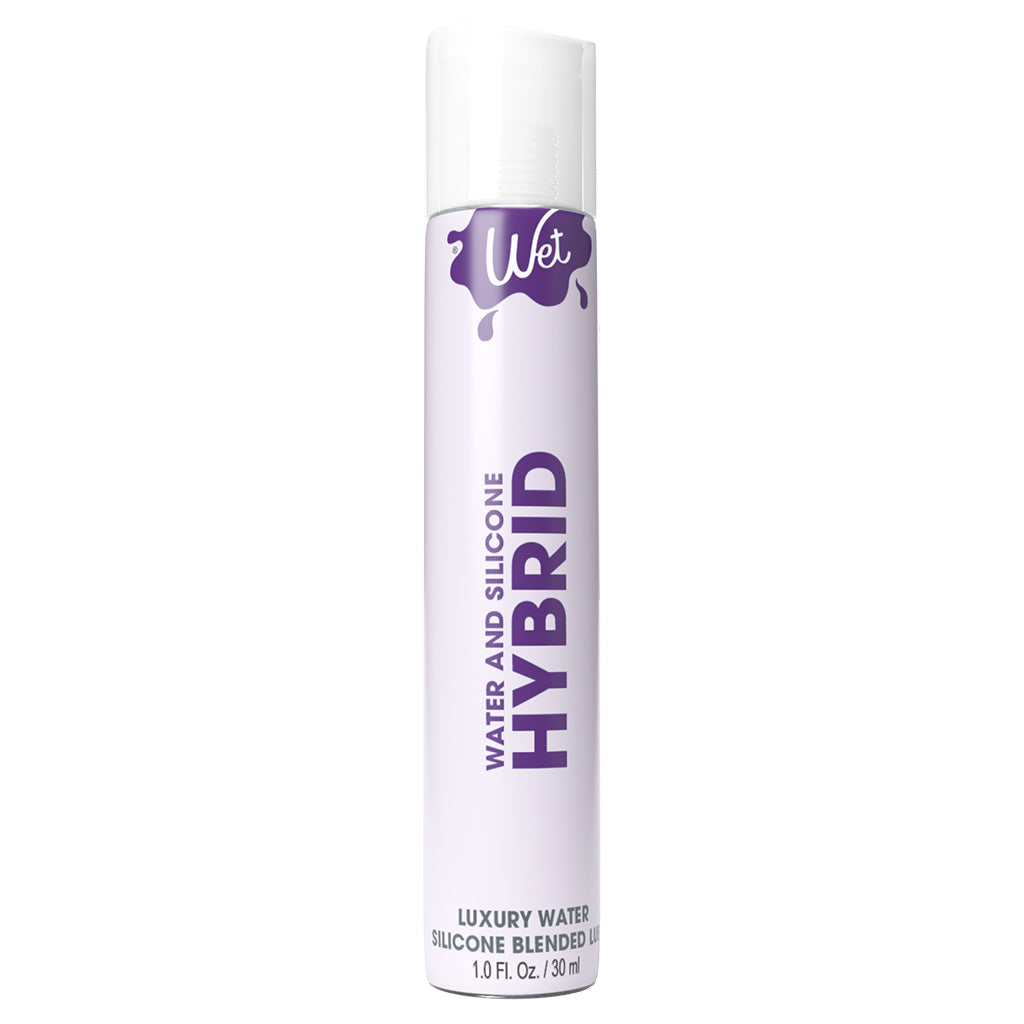 A white bottle of Wet Hybrid Water and Silicone Personal Lubricant.