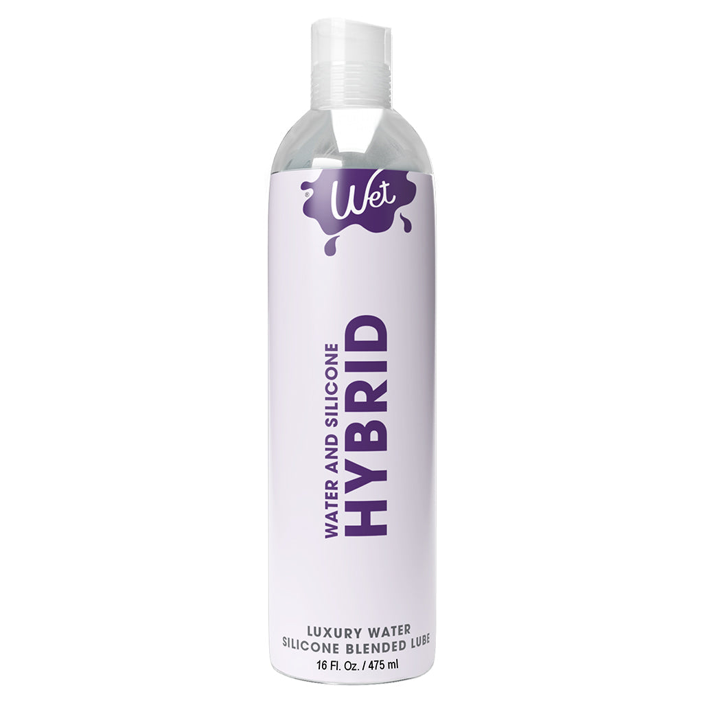 A white bottle of Wet Hybrid Water and Silicone Personal Lubricant.