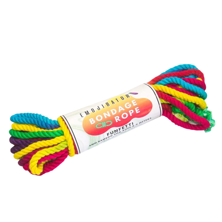 Rainbow bamboo silk bondage rope with multiple colors.