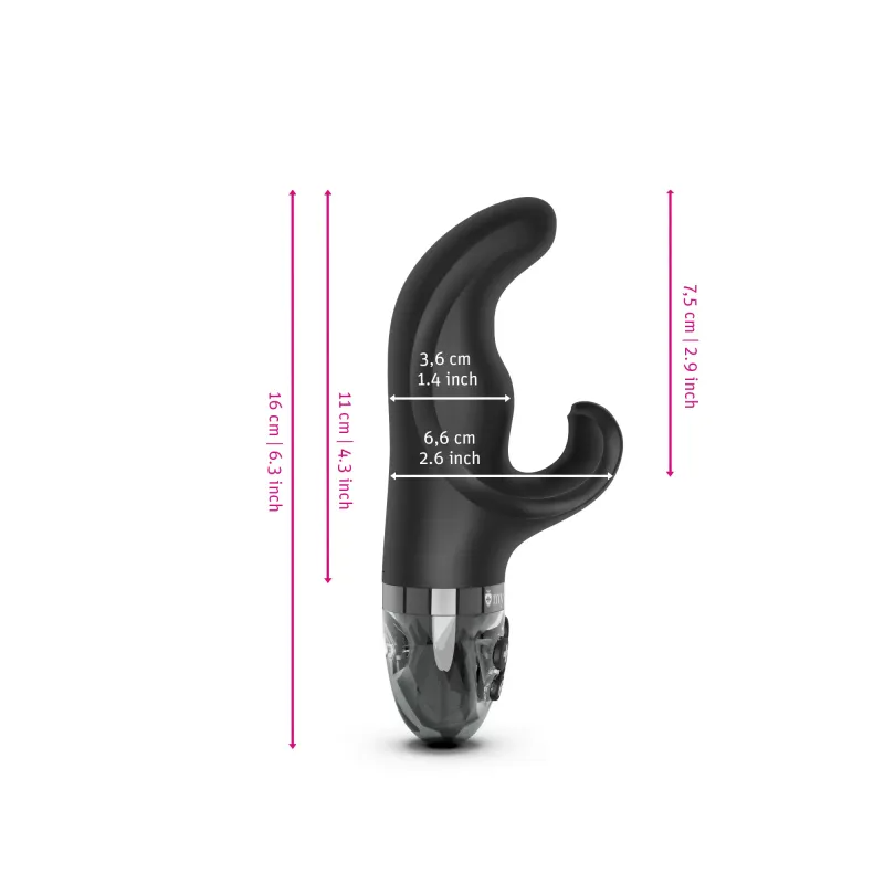 Black silicone rabbit vibrator with dual stimulation and measurement indicators.
