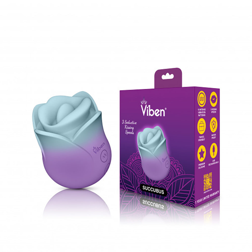 A rose-shaped clitoral stimulator in pastel blue and purple with the Viben brand name.