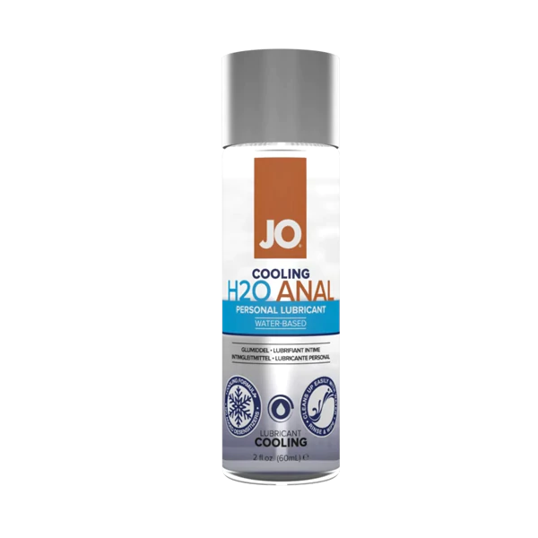 JO Cooling H2O Anal personal lubricant in a clear bottle with a silver cap.