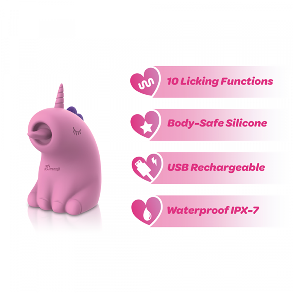 Pink unicorn licking stimulator made of body-safe silicone, USB rechargeable and waterproof.