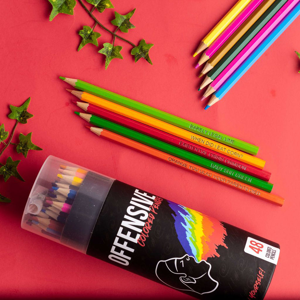 A set of 48 colored pencils with humorous names on a red background.