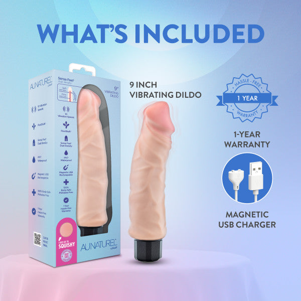 9-inch realistic vibrating dildo in Au Naturel skin tone with USB charger and 1-year warranty.