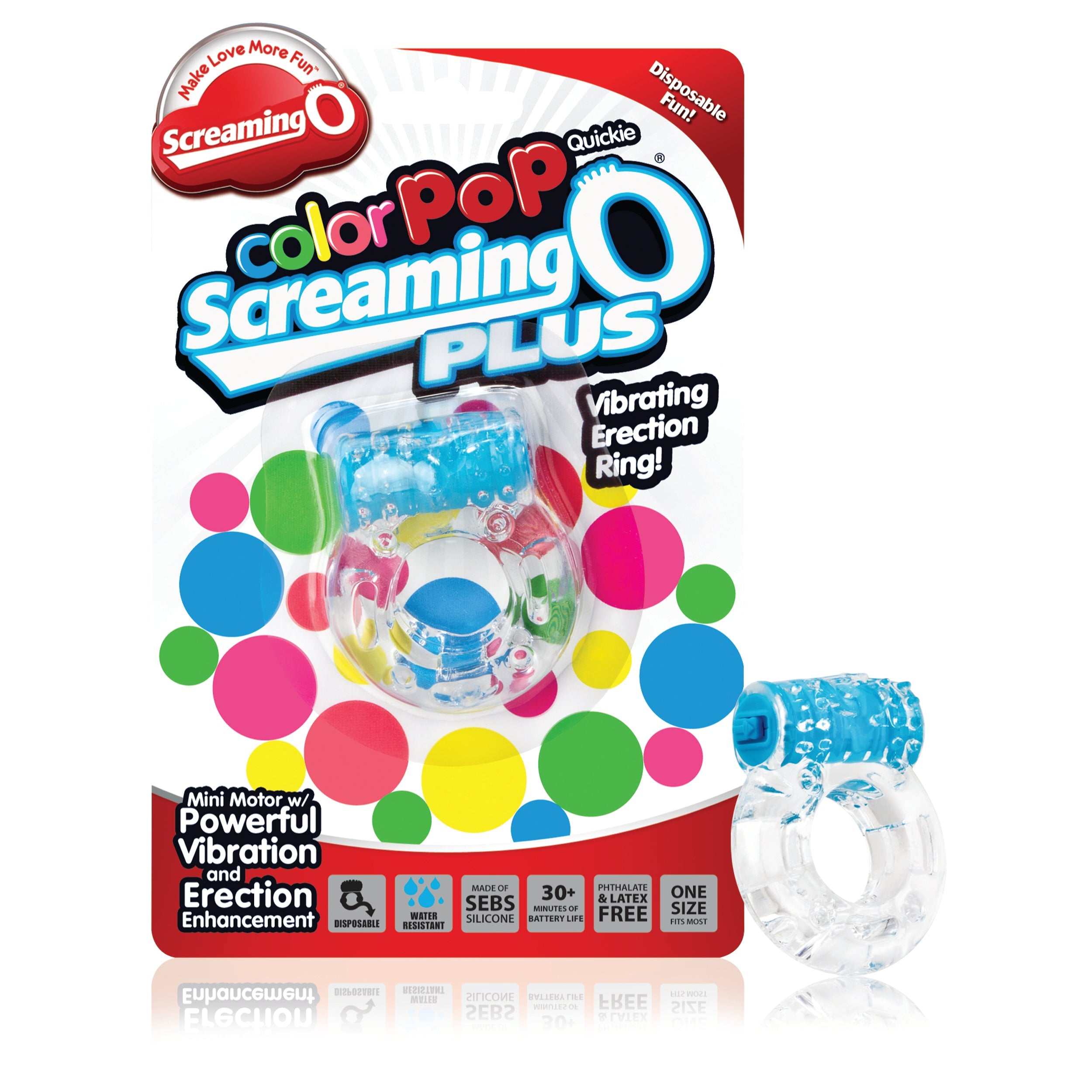 Blue vibrating cock ring with clitoral stimulator and colorful polka dots.