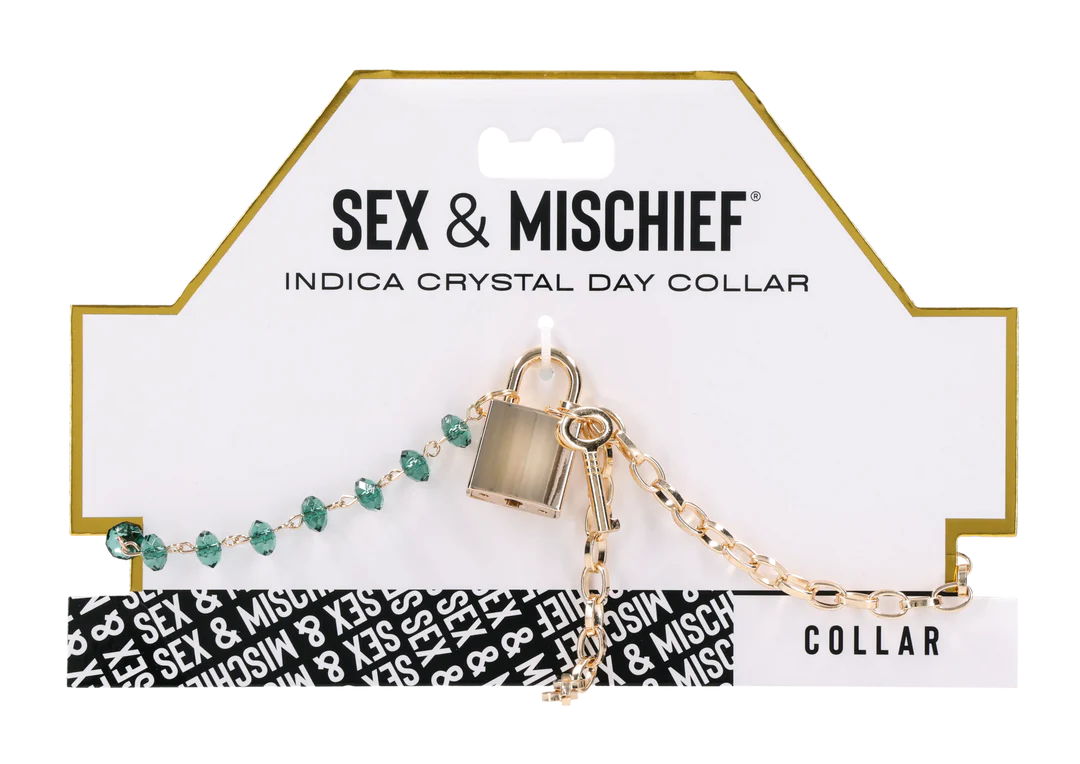 Gold chain collar with green beads, a lock, and a key.