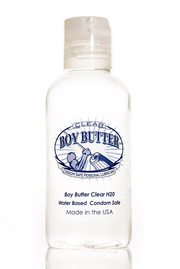 Clear Boy Butter water-based personal lubricant in a clear bottle.