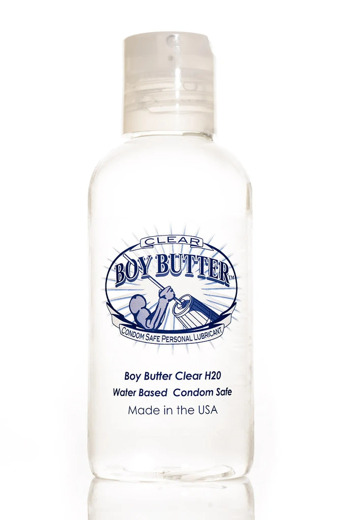 Clear Boy Butter water-based personal lubricant in a clear bottle.