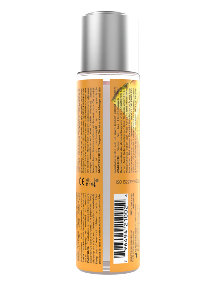 Flavored water-based lubricant in a silver and orange bottle with text and a barcode.