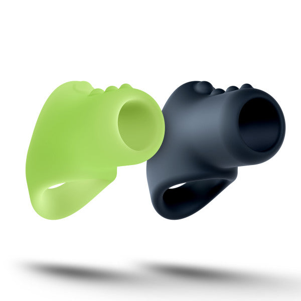 Two silicone cock rings, one green and one dark gray, with textured tops.
