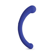 A blue curved silicone massager with rounded ends.