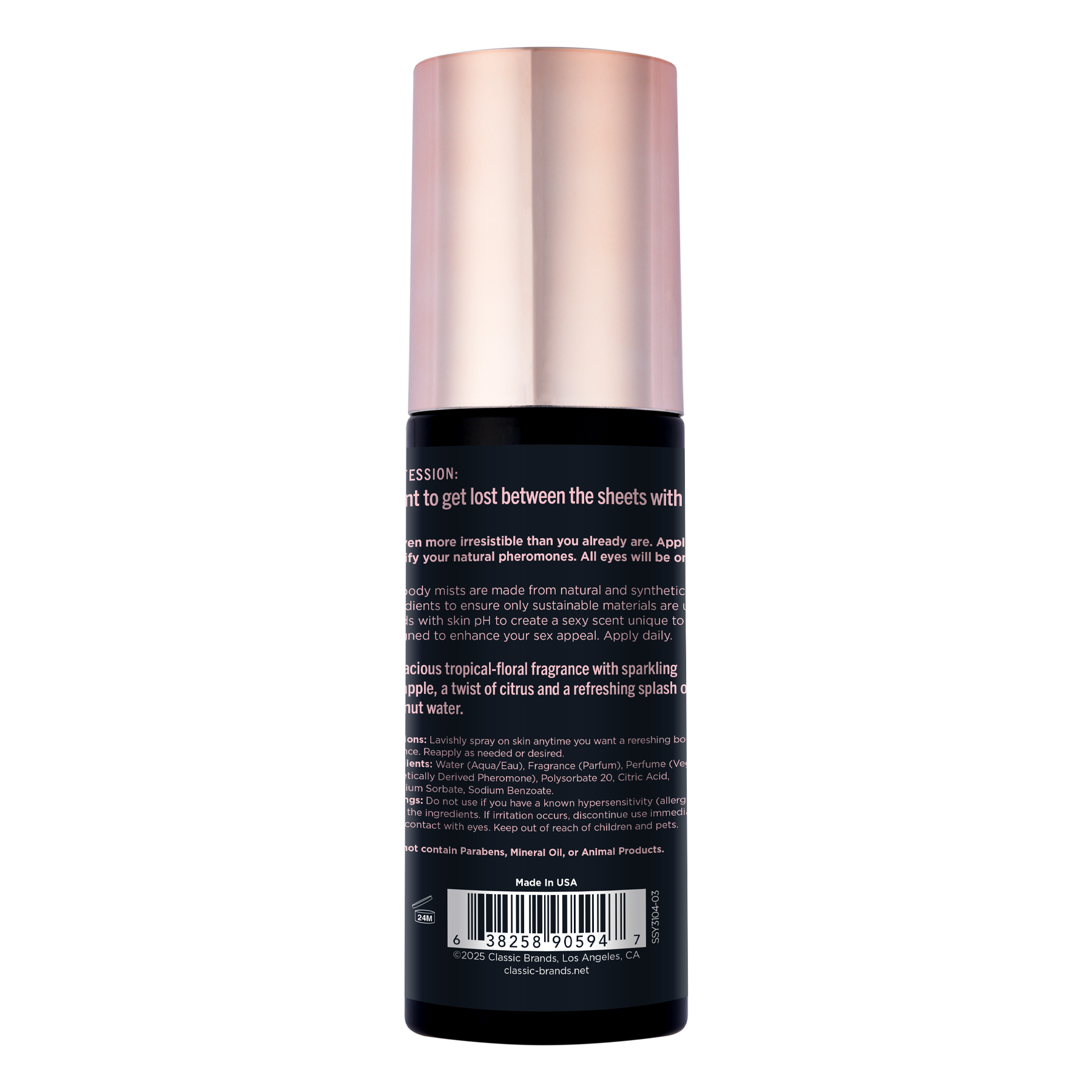 Pheromone body mist with a tropical scent in a rose gold capped bottle.
