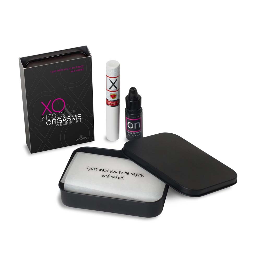 Sensuva XO Kisses and Orgasms Pleasure Kit with arousal oil and kissing guide.
